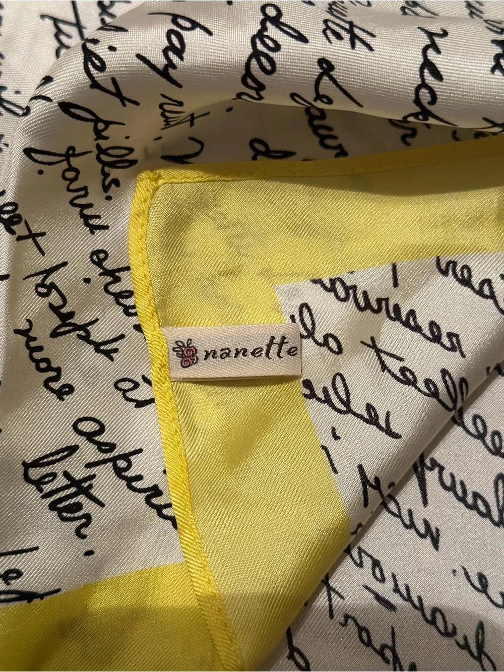 Nanette Lepore Script Print Square Scarf Yellow Black White Silk Feel 20x20